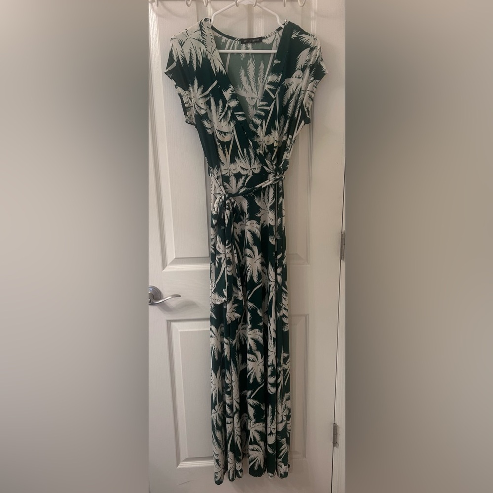 Green Palm Print Maxi Wrap Dress